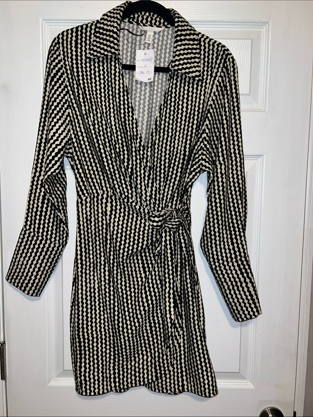 H&M Black and Cream Geometric Wrap Dress with Tie